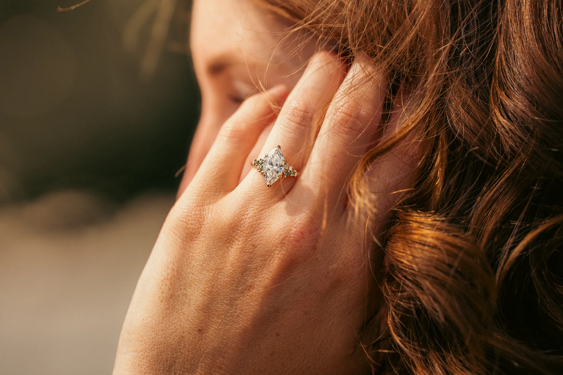 Jordan’s engagement ring in the afternoon light